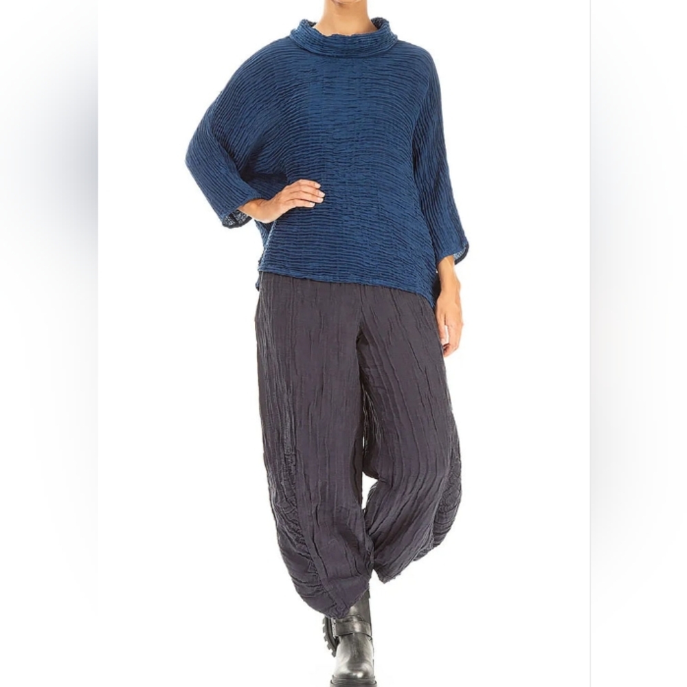 GRIZAS Linen + Silk Blue Crinkle Cowl Tunic XXL